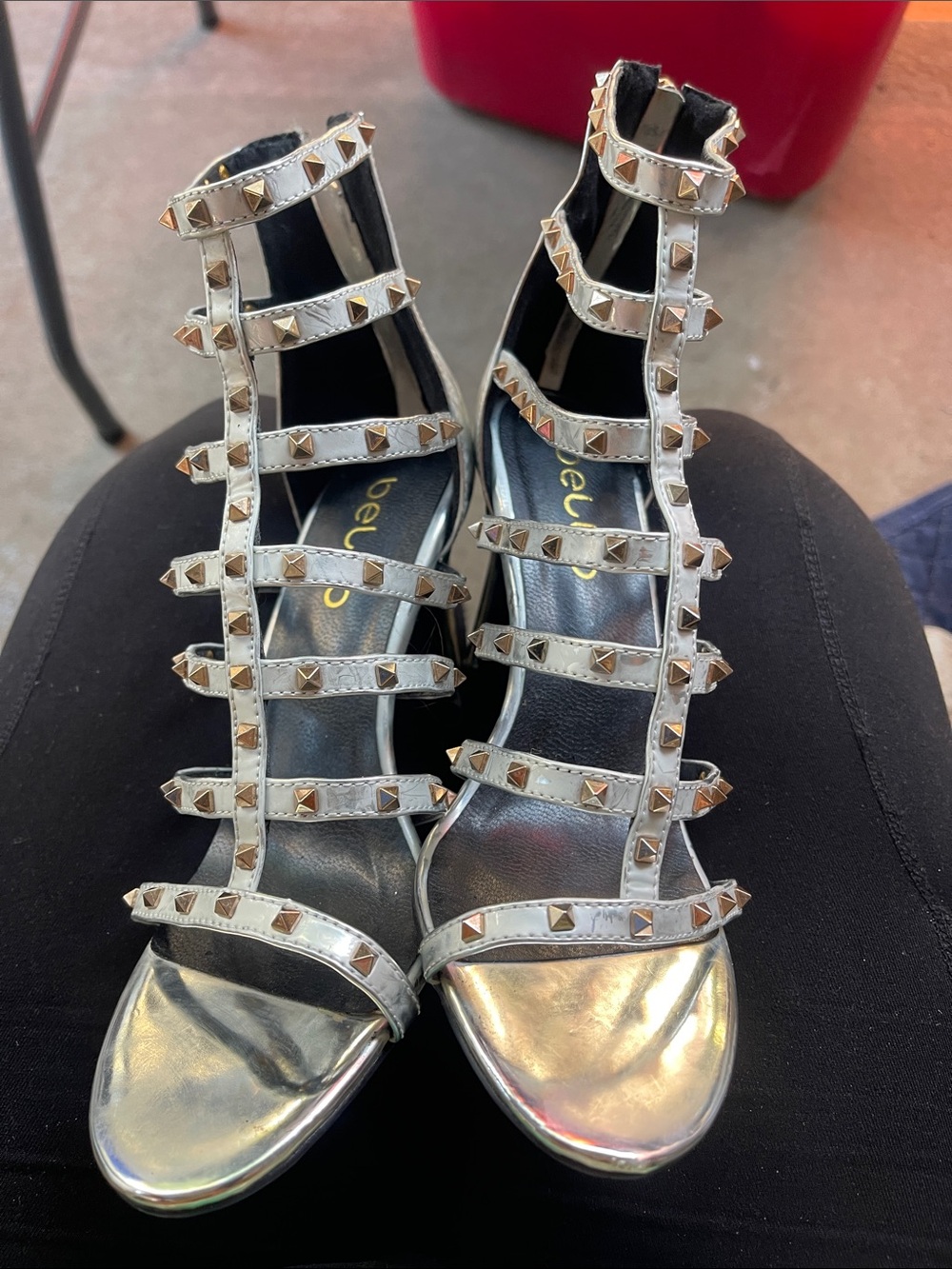 Studded Metallic Gladiator Heels in Silver